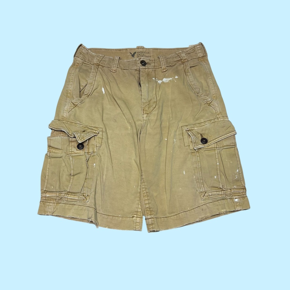 American Eagle Outfitters Mens Khaki Cargo Shorts Distressed Paint Splatter 32